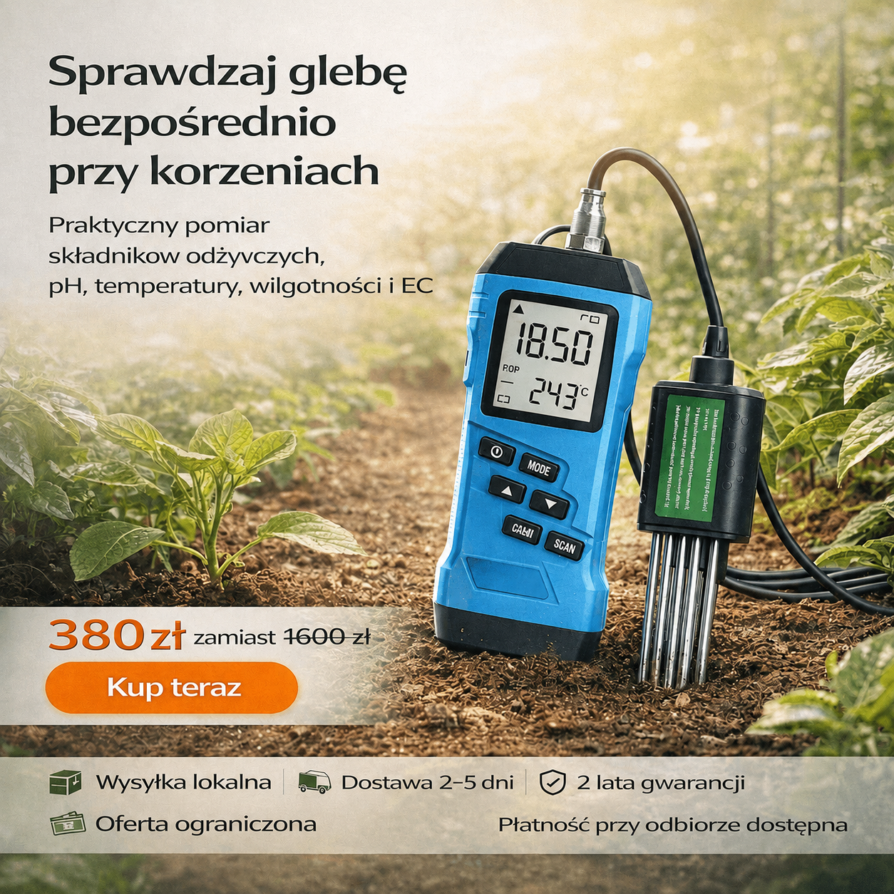 Nihig Cyfrowy Tester Gleby 7 w 1 | pH, NPK, EC, przewodność, wilgotność i składniki odżywcze | Do ogrodu, szklarni i rolnictwa | Dostawa w 3–5 dni